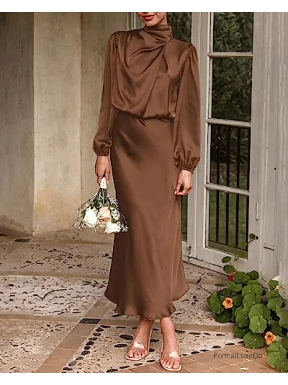 Satin Maxi Dress Mock Neck Long Sleeve Formal Cocktail Wedding Guest